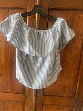Amour Vert Light Blue & White Striped Off-Shoulder Ruffle Blouse